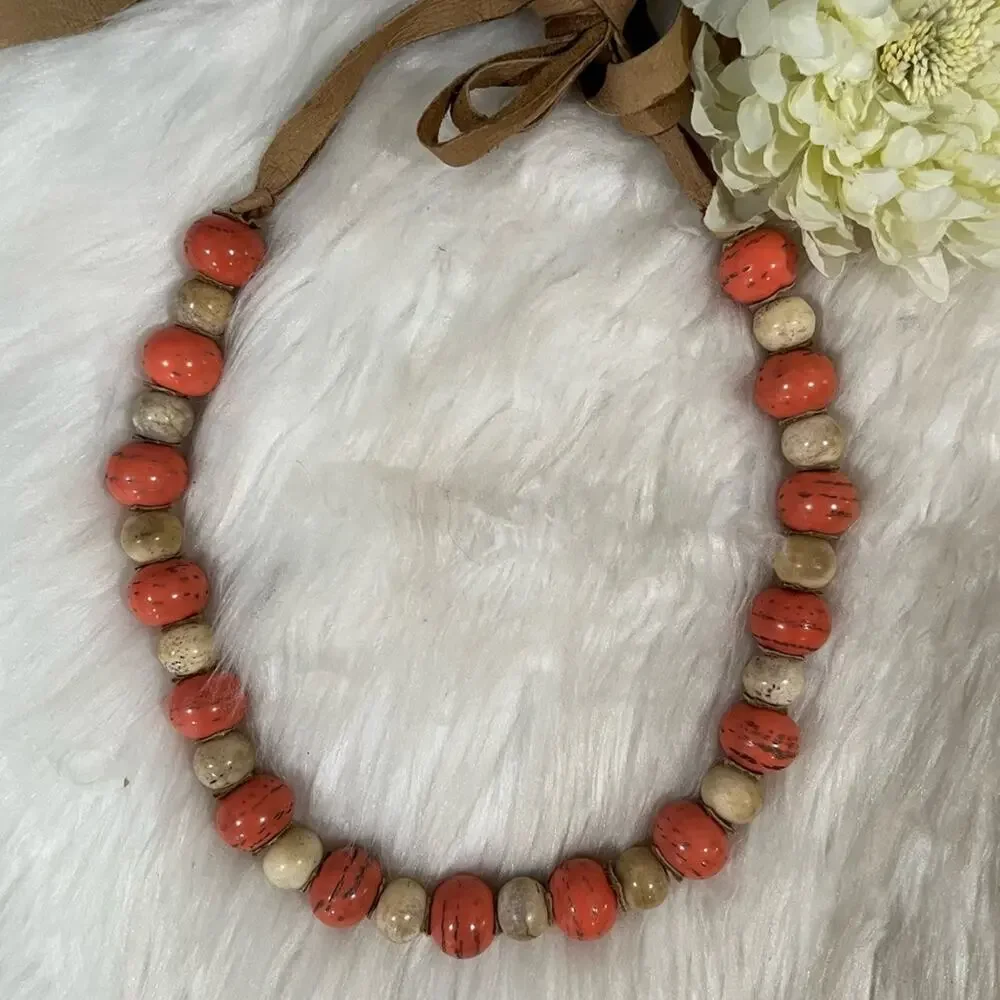 NEW Sundance Vintage Bohemian Glazed Stone Suede Coral Sunset Statement Necklace